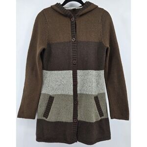 PRANA‎ Cardigan Sweater Brown Stripe Button Hooded Wool Blend Pockets Gorpcore